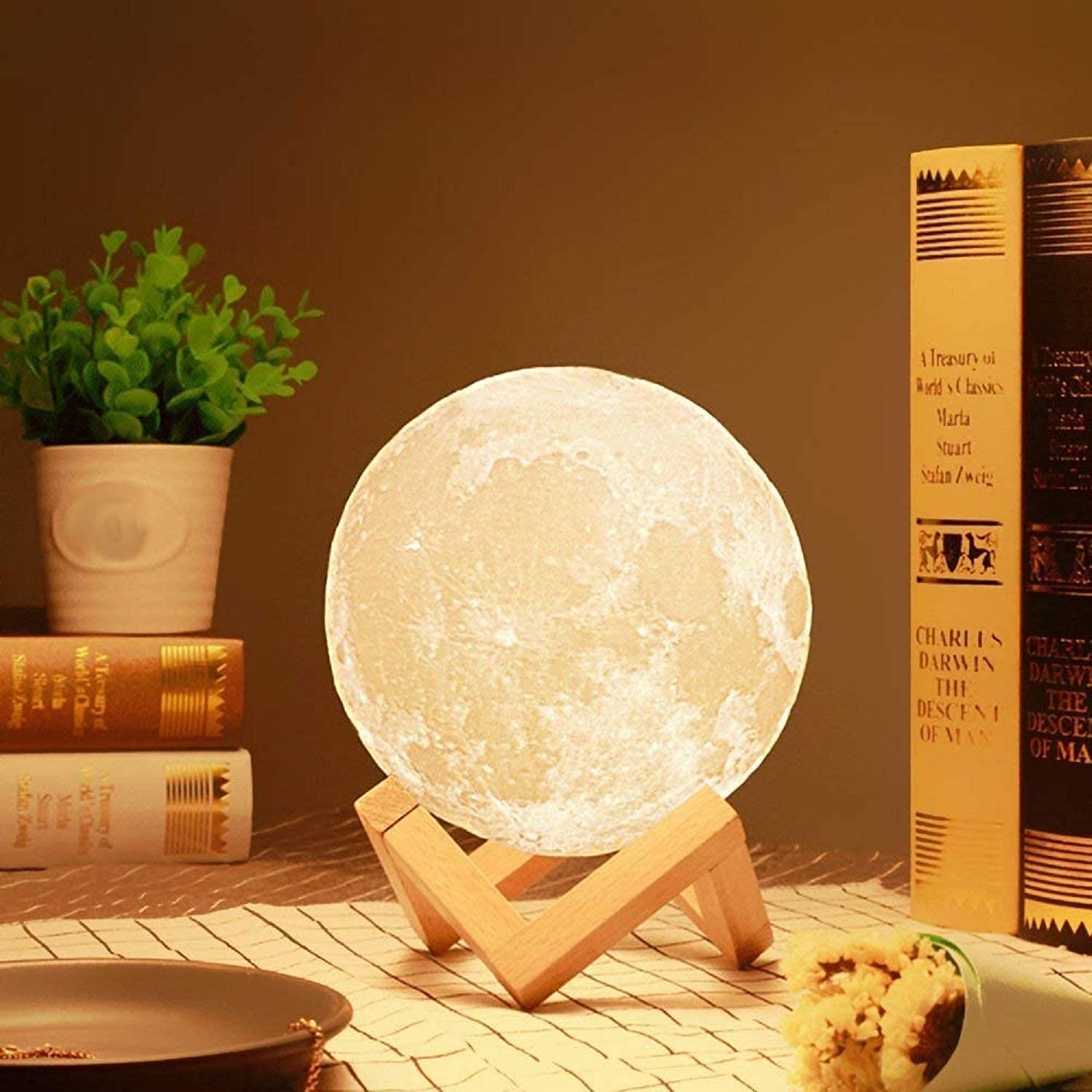 3D Printed 7-Color LED Moon Lamp with Wooden Stand | Touch Control & Rechargeable Night Light