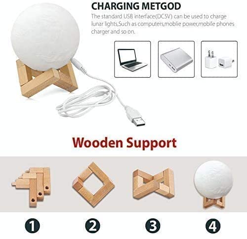 3D Printed 7-Color LED Moon Lamp with Wooden Stand | Touch Control & Rechargeable Night Light