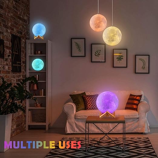 3D Printed 7-Color LED Moon Lamp with Wooden Stand | Touch Control & Rechargeable Night Light