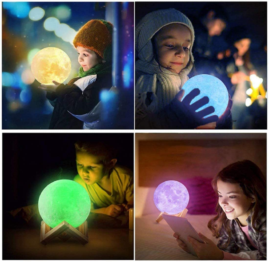 3D Printed 7-Color LED Moon Lamp with Wooden Stand | Touch Control & Rechargeable Night Light
