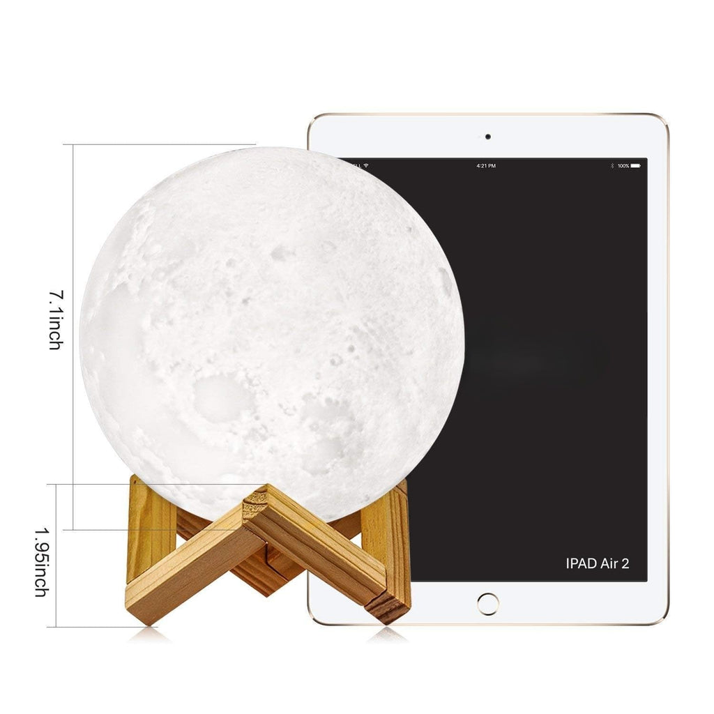 3D Printed 7-Color LED Moon Lamp with Wooden Stand | Touch Control & Rechargeable Night Light