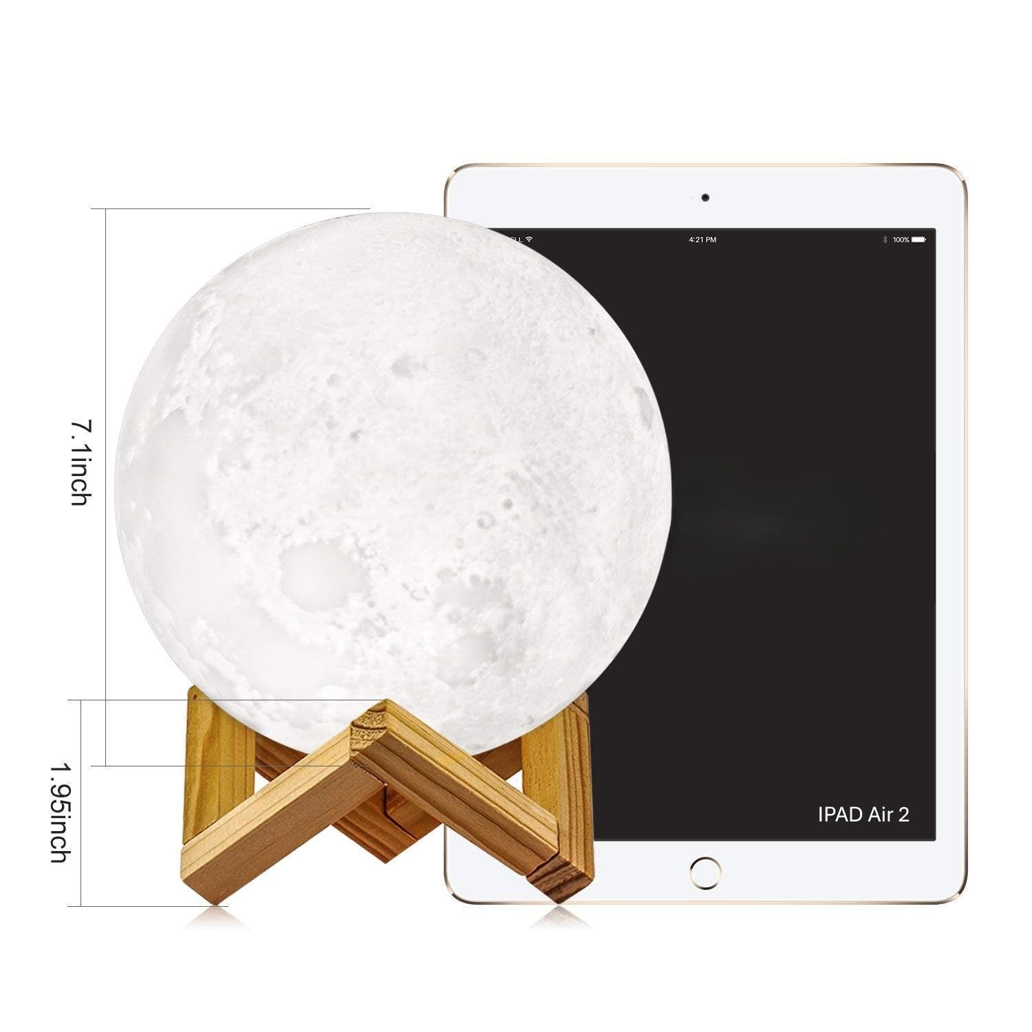 3D Printed 7-Color LED Moon Lamp with Wooden Stand | Touch Control & Rechargeable Night Light