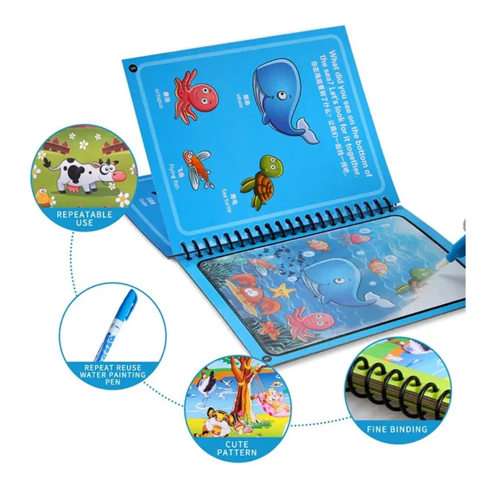 Water Coloring Book |Mess-Free Colouring Book|Reusable Notepad with Magical Pen| Educational Doodle Book for Kids, Return Gifts for Birthdays, Kids, Boys, Girls